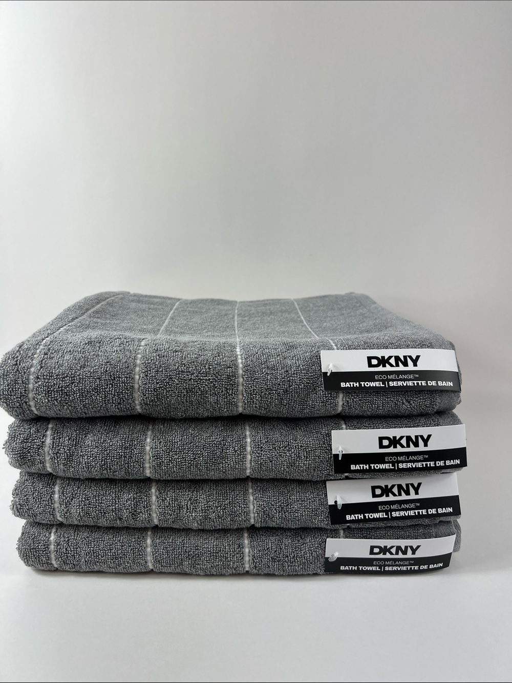 DKNY Eco Melange Bath Towels Medium Gray White Stripe Soft Cotton Set of 4 NEW